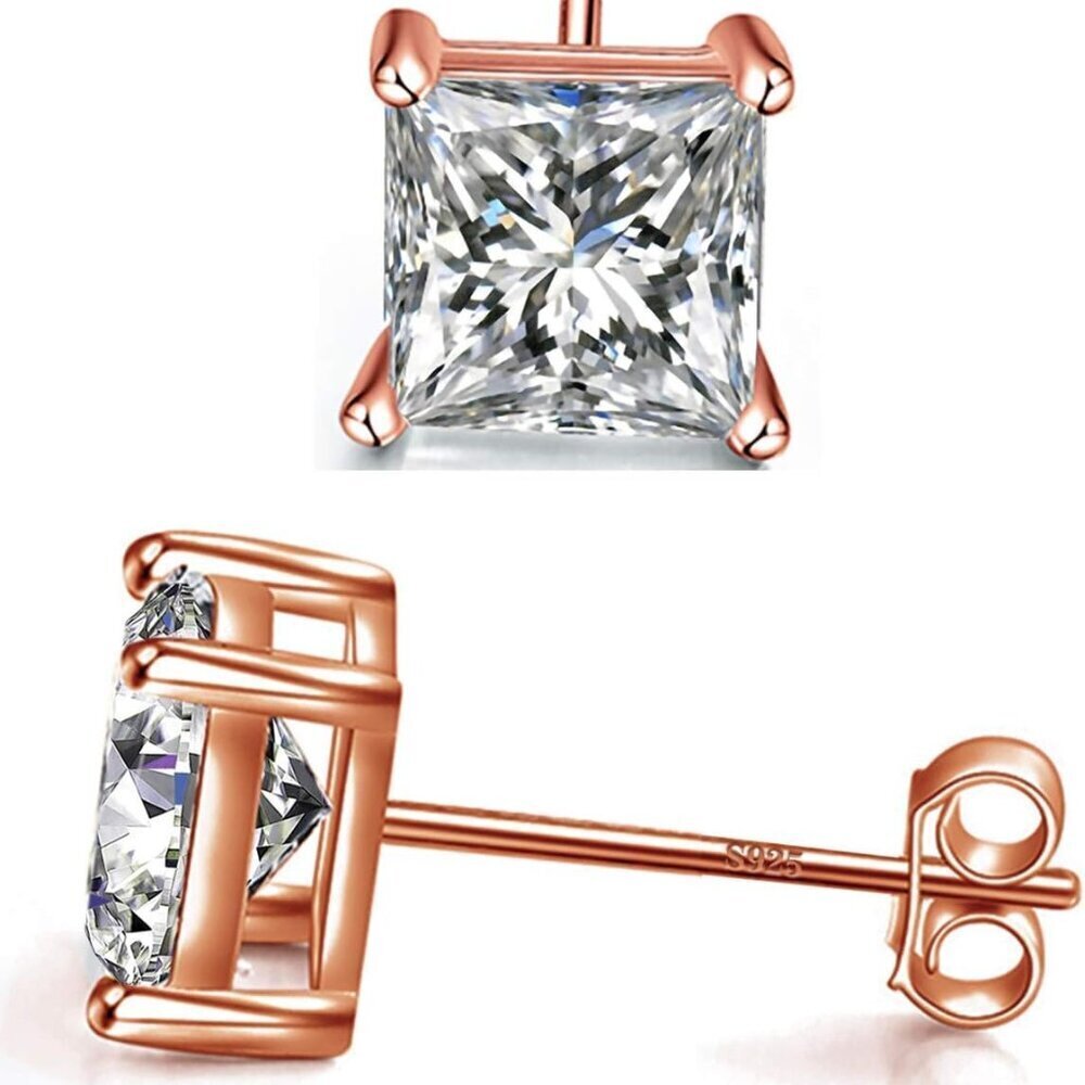 Sterling Silver Stud Earrings CZ Square Princess Cut 4mm-7mm for Women Men